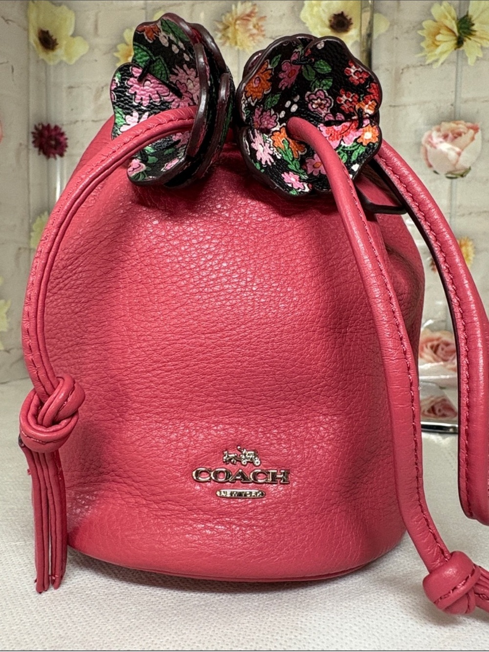 Coach Pebbled Leather Drawstring Mini Bucket Bag with 4 Leather Tea Roses - Picture 10 of 11
